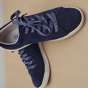 Navy Blue Suede Sneakers with Patterned Laces